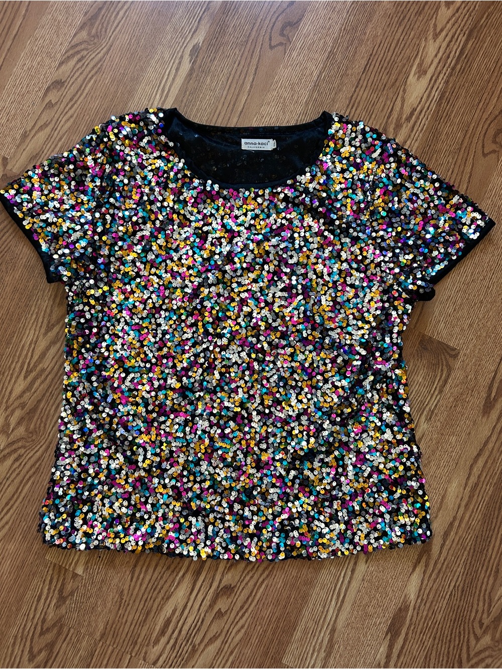 Black Multicolor Sequin Short-Sleeve Top